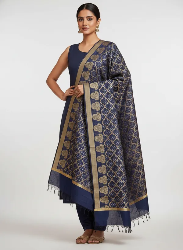 Navy_Banarasi_Cotton_Zari_Weaved_Dupatta