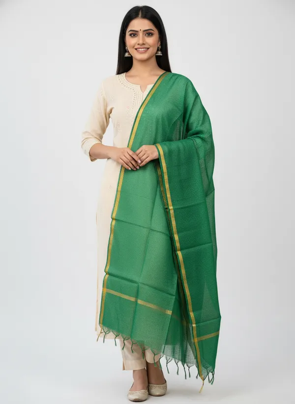 Green_Banarasi_Moonga_Check_Dupatta_For_Women