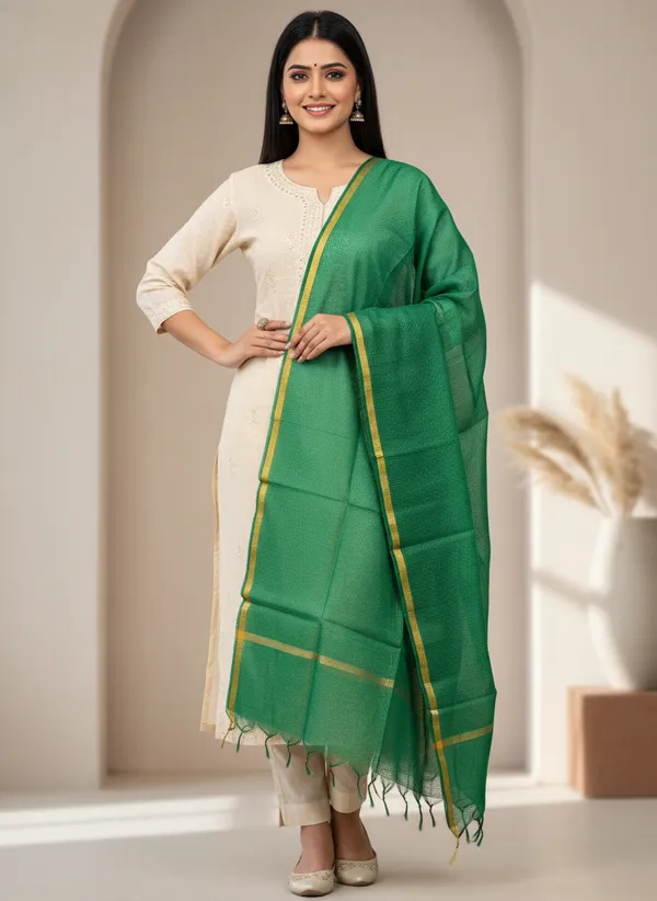 Green_Banarasi_Moonga_Check_Dupatta_For_Women