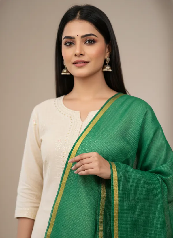 Green_Banarasi_Moonga_Check_Dupatta_For_Women