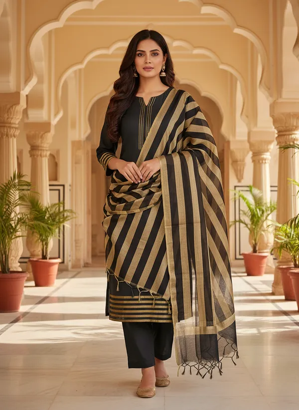 Black_Banarasi_Cotton_Silk_Plain_Zari_Striped_Border_Unstitched_Suit_Set_with_Dupatta_|_Womens_Festive_Ethnic_Wear