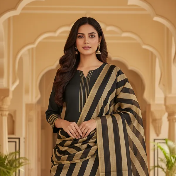 Black_Banarasi_Cotton_Silk_Plain_Zari_Striped_Border_Unstitched_Suit_Set_with_Dupatta_|_Womens_Festive_Ethnic_Wear