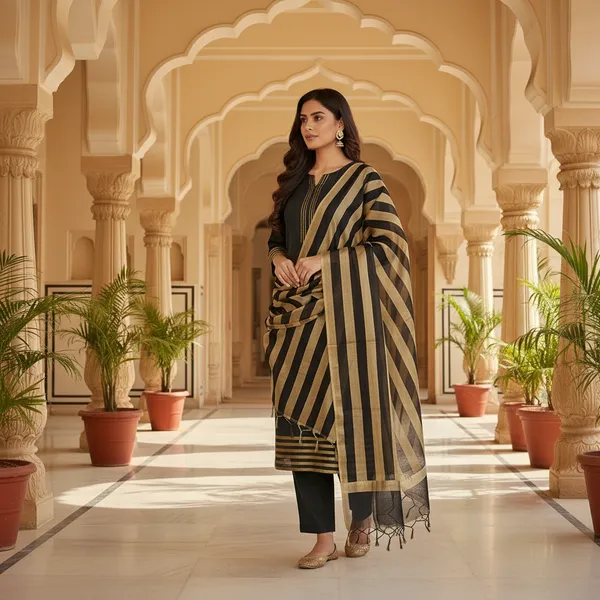 Black_Banarasi_Cotton_Silk_Plain_Zari_Striped_Border_Unstitched_Suit_Set_with_Dupatta_|_Womens_Festive_Ethnic_Wear