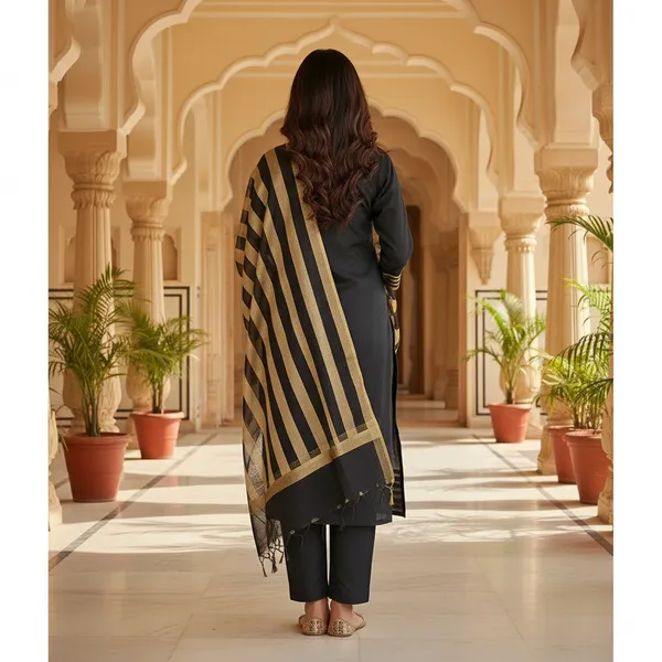 Black_Banarasi_Cotton_Silk_Plain_Zari_Striped_Border_Unstitched_Suit_Set_with_Dupatta_|_Womens_Festive_Ethnic_Wear