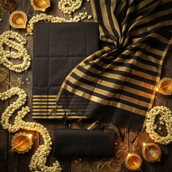 Black_Banarasi_Cotton_Silk_Plain_Zari_Striped_Border_Unstitched_Suit_Set_with_Dupatta_|_Womens_Festive_Ethnic_Wear