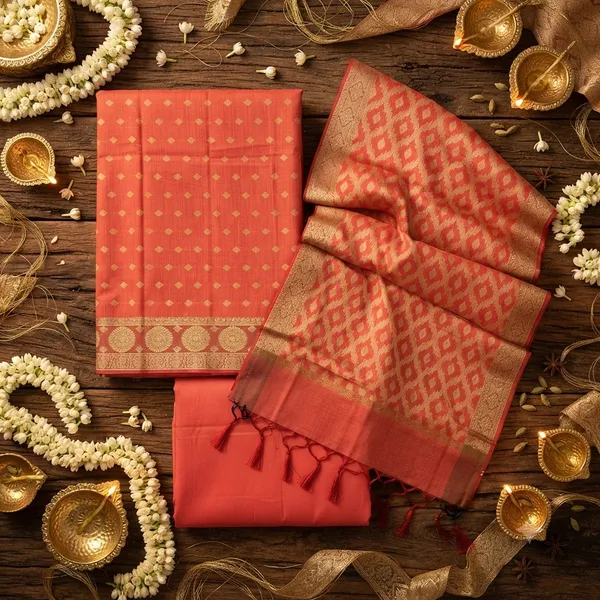 Peach_Banarasi_Women's_Unstitched_Suit_Material_With_Dupatta_For_Women