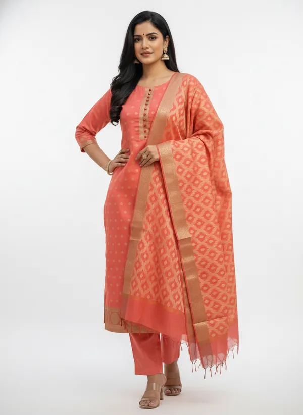 Peach_Banarasi_Women's_Unstitched_Suit_Material_With_Dupatta_For_Women