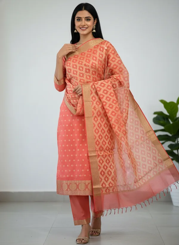 Peach_Banarasi_Women's_Unstitched_Suit_Material_With_Dupatta_For_Women