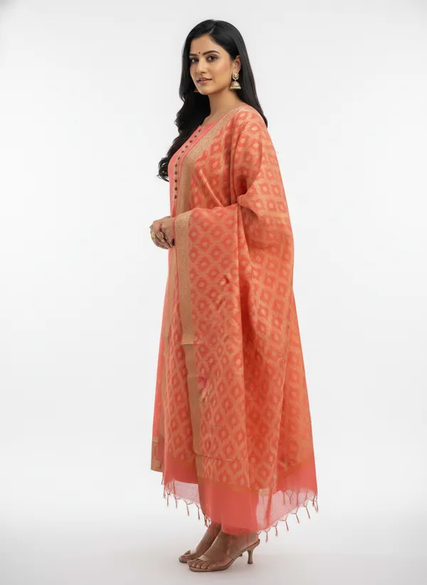 Peach_Banarasi_Women's_Unstitched_Suit_Material_With_Dupatta_For_Women