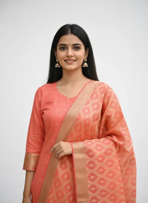 Peach_Banarasi_Women's_Unstitched_Suit_Material_With_Dupatta_For_Women
