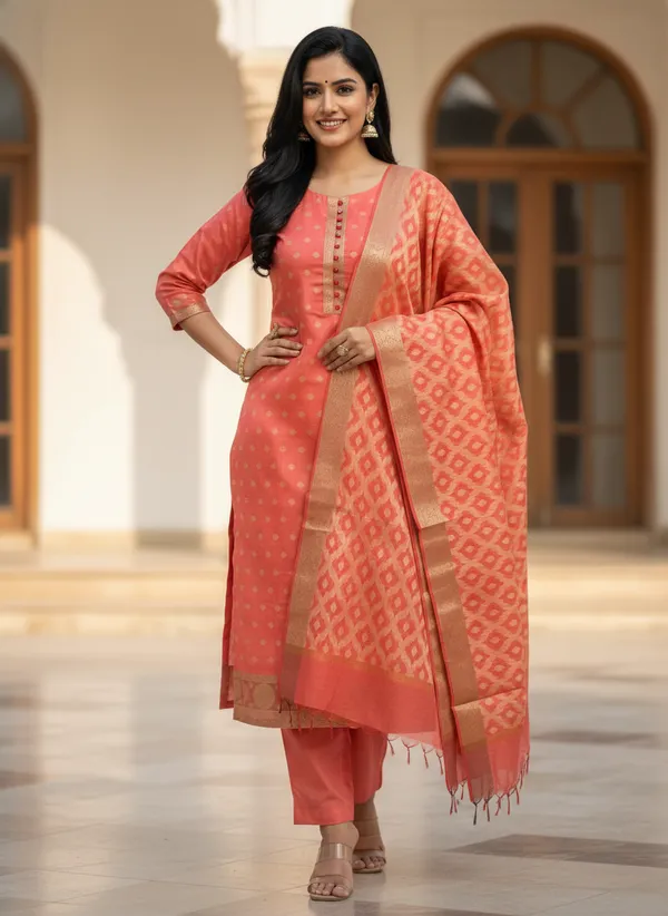 Peach_Banarasi_Women's_Unstitched_Suit_Material_With_Dupatta_For_Women
