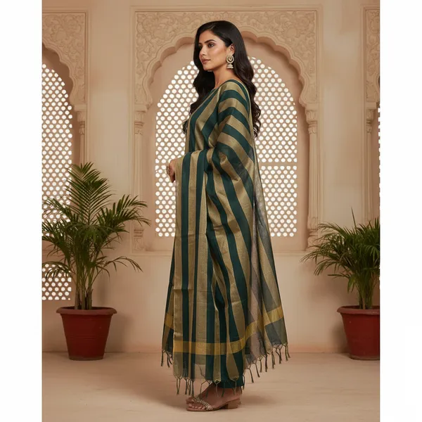 Green_Banarasi_Cotton_Silk_Plain_Zari_Striped_Border_Unstitched_Suit_Set_with_Dupatta_|_Womens_Festive_Ethnic_Wear
