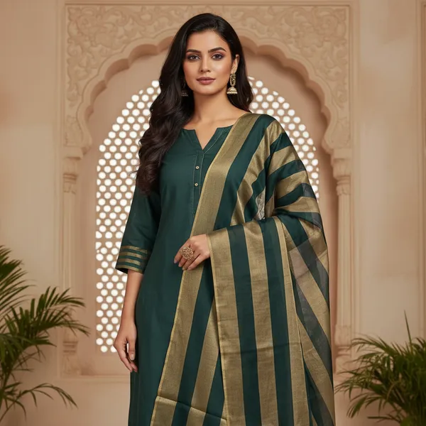 Green_Banarasi_Cotton_Silk_Plain_Zari_Striped_Border_Unstitched_Suit_Set_with_Dupatta_|_Womens_Festive_Ethnic_Wear