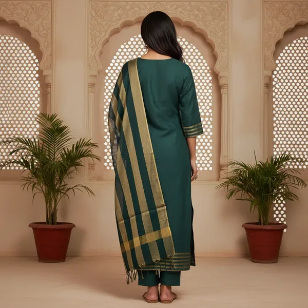 Green_Banarasi_Cotton_Silk_Plain_Zari_Striped_Border_Unstitched_Suit_Set_with_Dupatta_|_Womens_Festive_Ethnic_Wear
