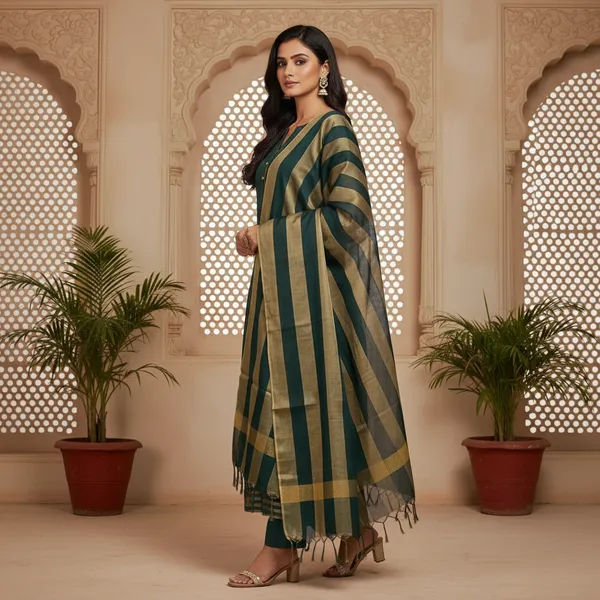 Green_Banarasi_Cotton_Silk_Plain_Zari_Striped_Border_Unstitched_Suit_Set_with_Dupatta_|_Womens_Festive_Ethnic_Wear