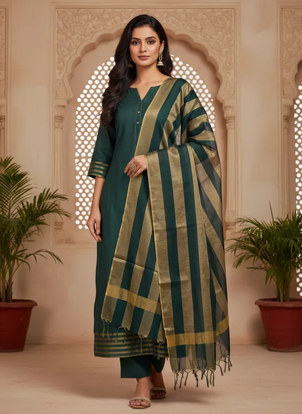 Green_Banarasi_Cotton_Silk_Plain_Zari_Striped_Border_Unstitched_Suit_Set_with_Dupatta_|_Womens_Festive_Ethnic_Wear