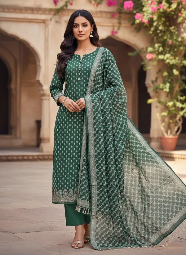 Green_Banarasi_Unstitched_Suit_Fabric_|_Cotton_Silk_Dress_Material_with_Zari_Weaving