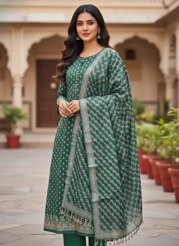 Green_Banarasi_Unstitched_Suit_Fabric_|_Cotton_Silk_Dress_Material_with_Zari_Weaving