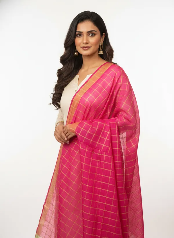 Rani_Pink_Banarasi_Thread_Work_Checkered_Dupatta_For_Women