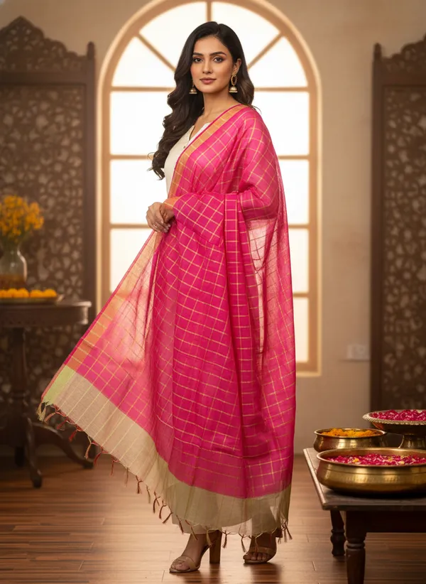 Rani_Pink_Banarasi_Thread_Work_Checkered_Dupatta_For_Women