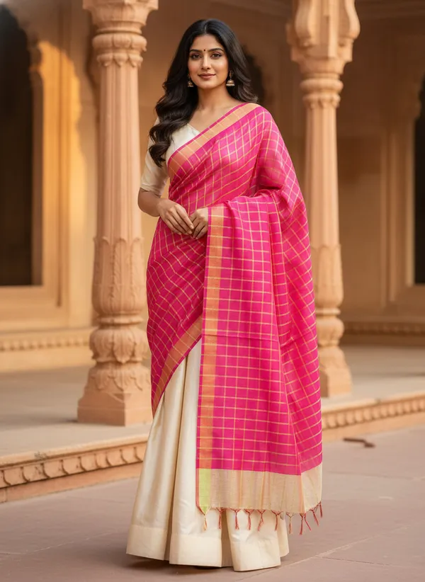 Rani_Pink_Banarasi_Thread_Work_Checkered_Dupatta_For_Women