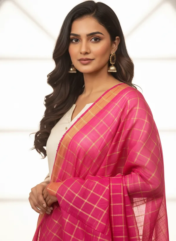 Rani_Pink_Banarasi_Thread_Work_Checkered_Dupatta_For_Women