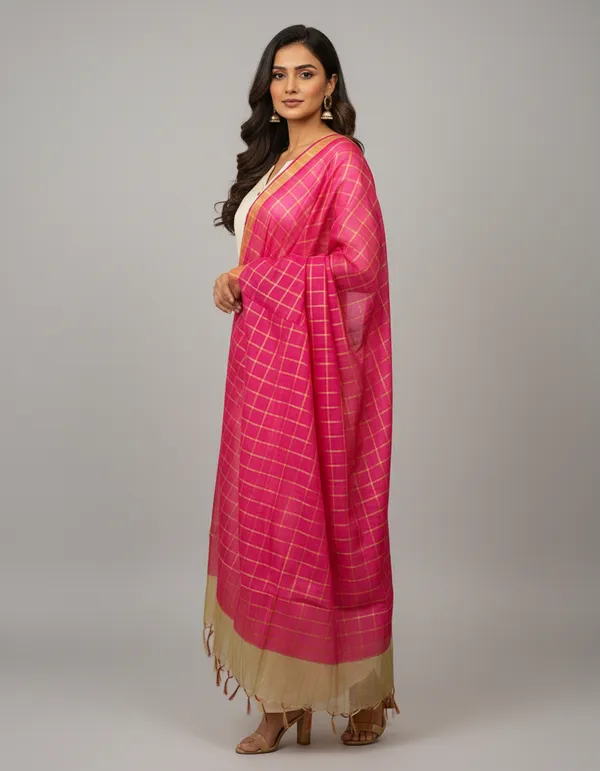 Rani_Pink_Banarasi_Thread_Work_Checkered_Dupatta_For_Women