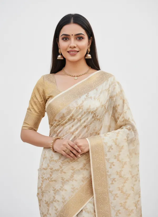Cream_Banarasi_Premium_Cotton_Silk_Jaal_Work_Saree_||_Authentic_Indian_Silk_Saree