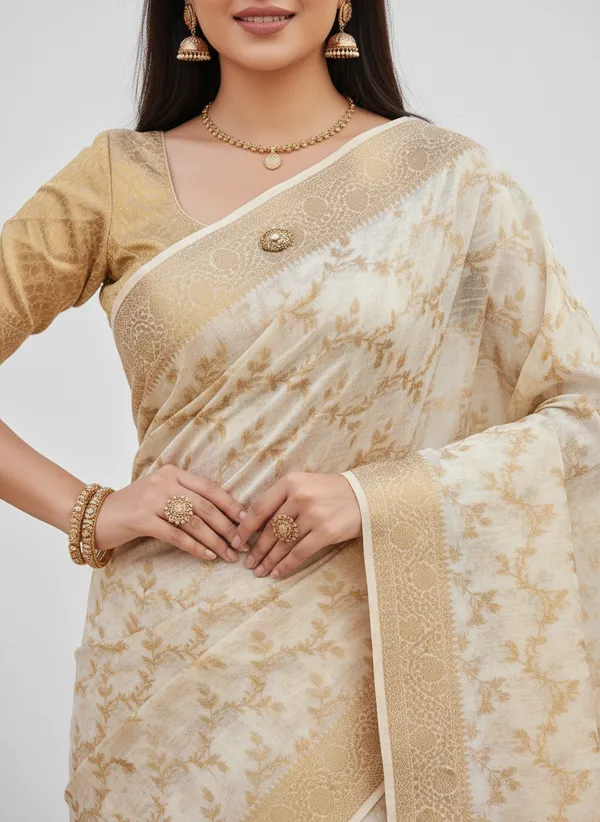 Cream_Banarasi_Premium_Cotton_Silk_Jaal_Work_Saree_||_Authentic_Indian_Silk_Saree