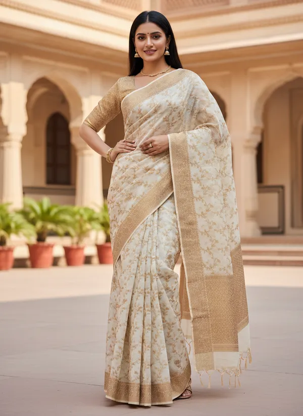 Cream_Banarasi_Premium_Cotton_Silk_Jaal_Work_Saree_||_Authentic_Indian_Silk_Saree