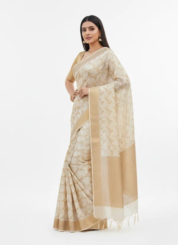 Cream_Banarasi_Premium_Cotton_Silk_Jaal_Work_Saree_||_Authentic_Indian_Silk_Saree
