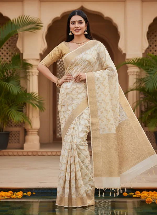 Cream_Banarasi_Premium_Cotton_Silk_Jaal_Work_Saree_||_Authentic_Indian_Silk_Saree