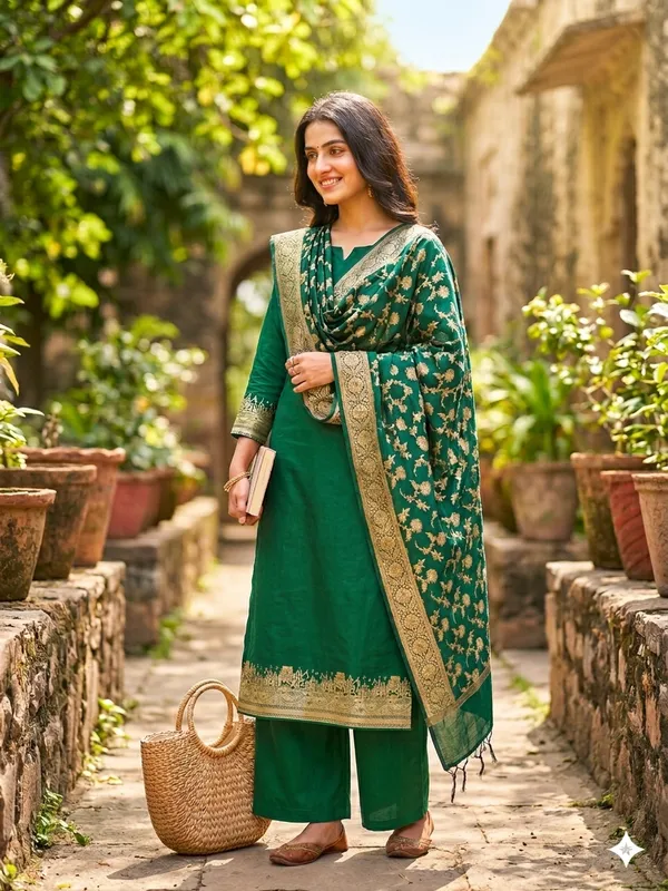 Bottlegreen_Banarasi_Unstitched_Suit_Fabric_|_Cotton_Silk_Dress_Material_with_Zari_Weaving
