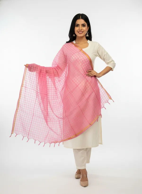 Light_Pink_Banarasi_Bada_Check_/_Self-Color_Checkered_Dupatta_For_Women