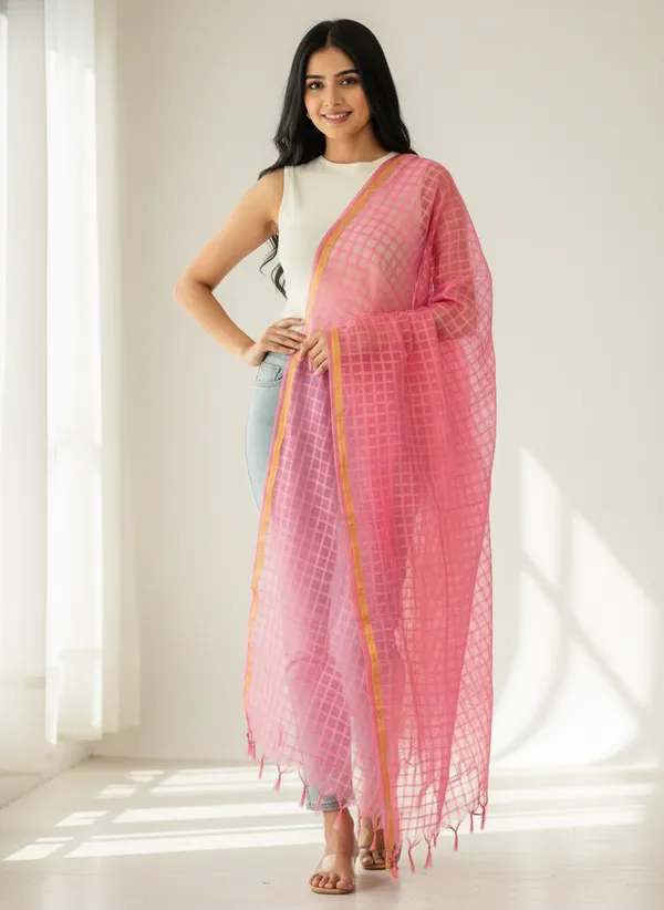 Light_Pink_Banarasi_Bada_Check_/_Self-Color_Checkered_Dupatta_For_Women