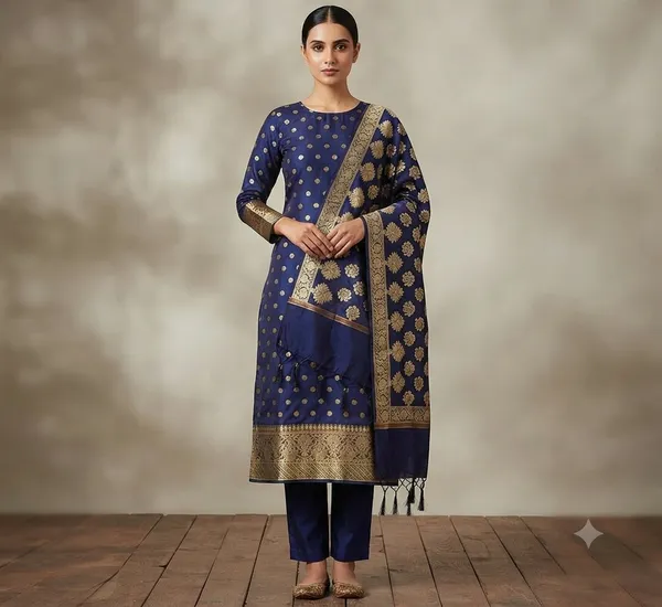 Navy_Blue_Banarasi_Cotton_Silk_Unstitched_Suit_With_Dupatta_For_Women