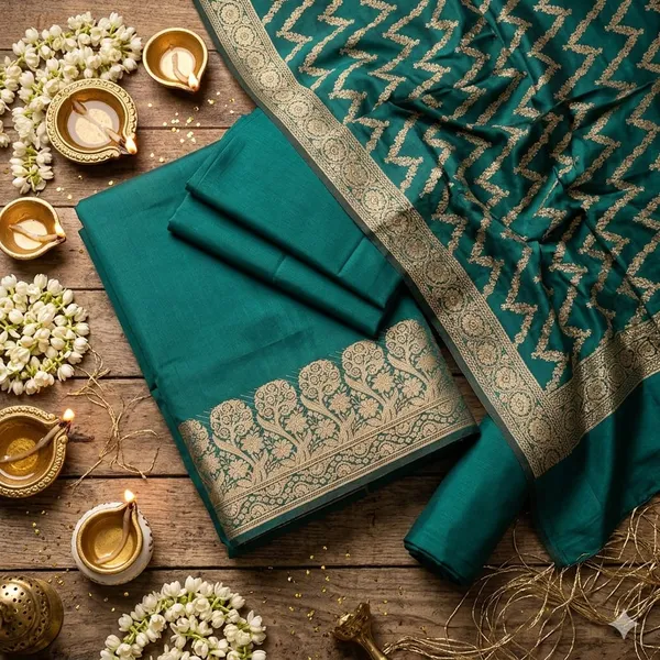 Green_Banarasi_Unstitched_Suit_Fabric_|_Cotton_Silk_Dress_Material_with_Zari_Weaving