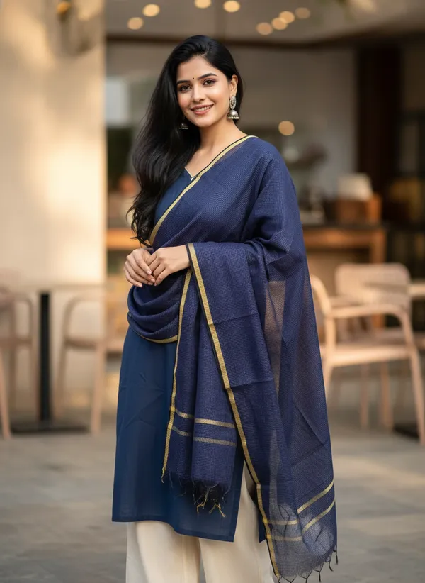 Navy_Banarasi_Moonga_Check_Dupatta_For_Women