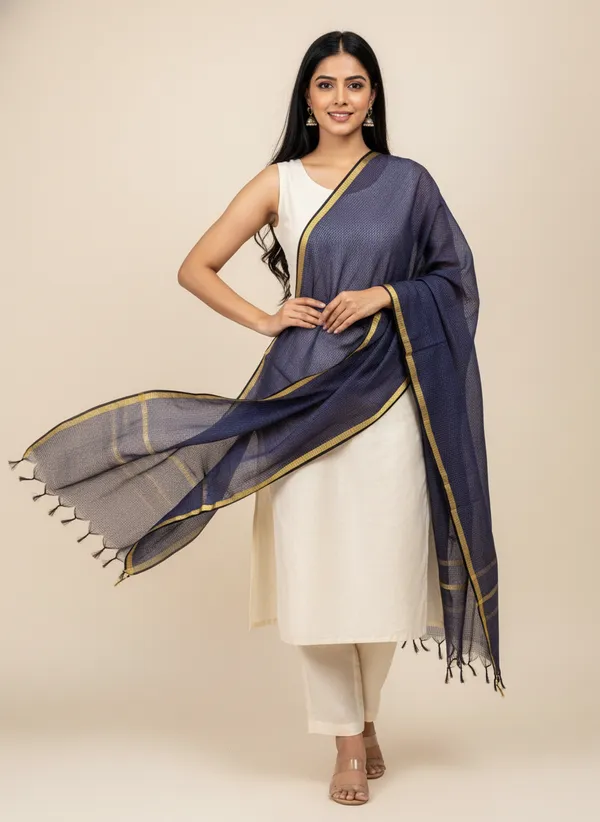 Navy_Banarasi_Moonga_Check_Dupatta_For_Women