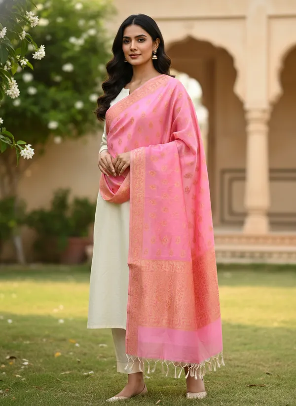 Light_Pink_Banarasi_Cotton_Zari_Weaved_Dupatta_With_Meenakari_Work