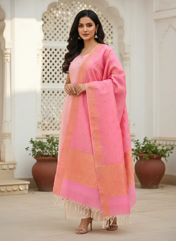 Light_Pink_Banarasi_Cotton_Zari_Weaved_Dupatta_With_Meenakari_Work