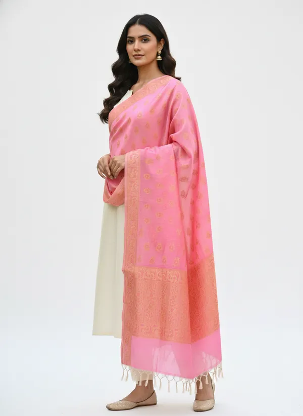 Light_Pink_Banarasi_Cotton_Zari_Weaved_Dupatta_With_Meenakari_Work