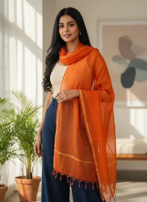 Orange_Banarasi_Moonga_Check_Dupatta_For_Women