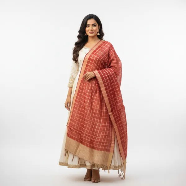 Maroon_Banarasi_Thread_Work_Checkered_Dupatta_For_Women