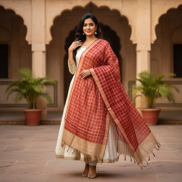 Maroon_Banarasi_Thread_Work_Checkered_Dupatta_For_Women