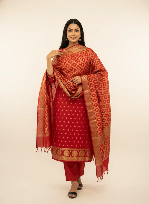 Red_Banarasi_Women's_Unstitched_Suit_Material_With_Dupatta_For_Women