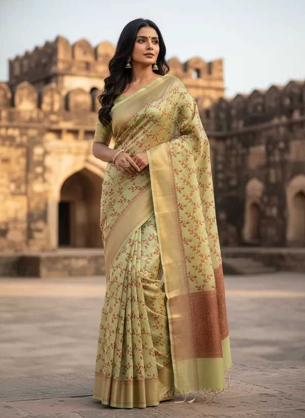 Pista_Banarasi_Cotton_Silk_Thread_Weaved_Saree