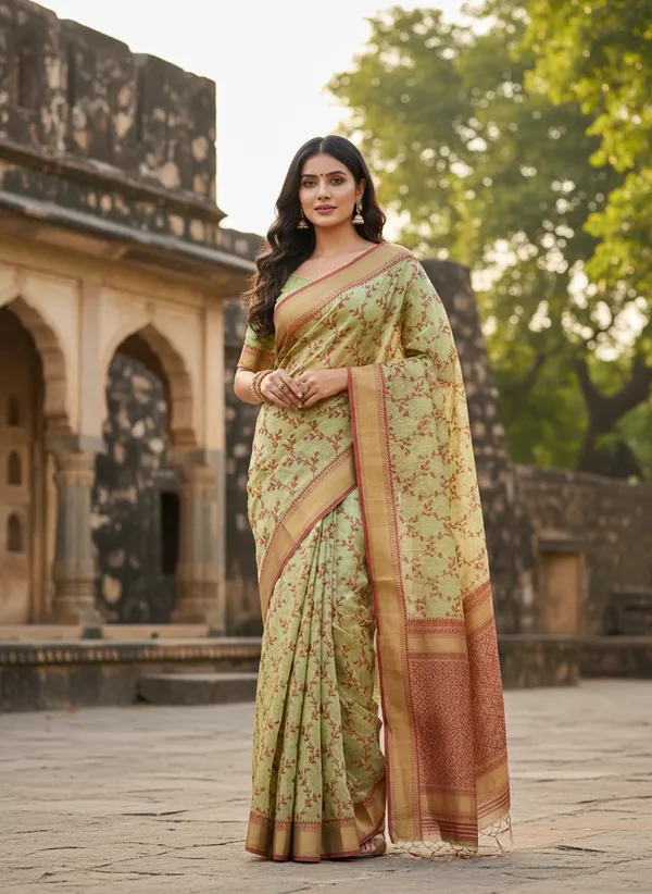 Pista_Banarasi_Cotton_Silk_Thread_Weaved_Saree