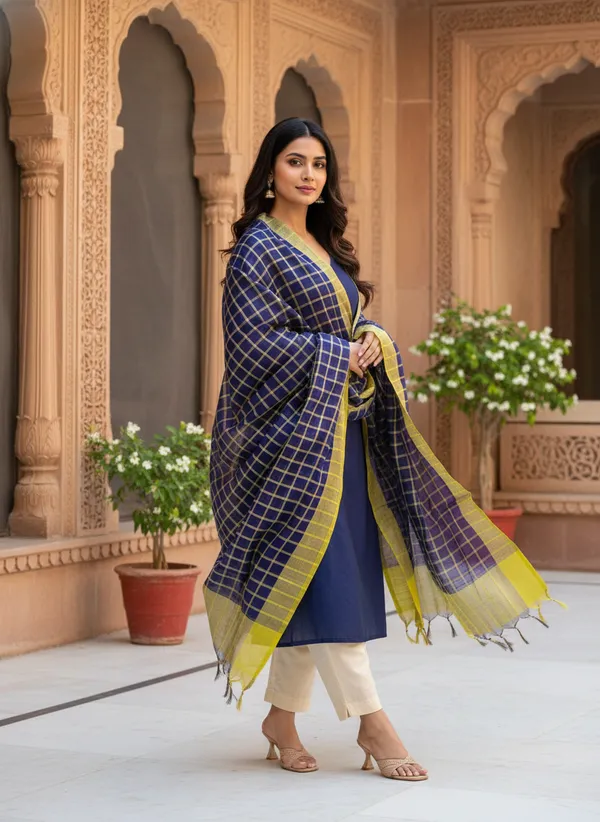 Navy_Blue_Banarasi_Thread_Work_Checkered_Dupatta_For_Women