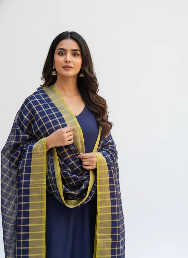 Navy_Blue_Banarasi_Thread_Work_Checkered_Dupatta_For_Women
